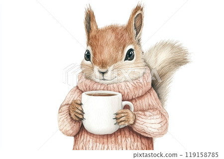Adorable Squirrel in Sweater Holding Tea Mug, Watercolor Illustration for Autumn or Winter Seasonal Greeting Cards Generative AI Adorable Squirrel in Sweater Holding Tea Mug, Watercolor Illustration for Autumn or Winter Seasonal Greeting Cards Generative AI 119158785