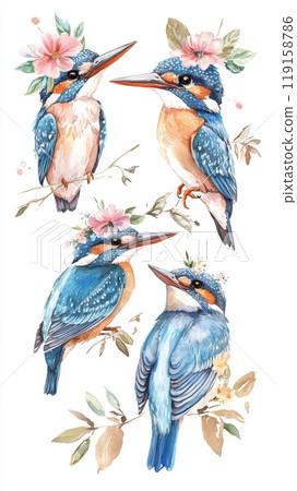 Whimsical Kingfisher Wearing Flower Headband, Watercolour Illustration Generative AI 119158786