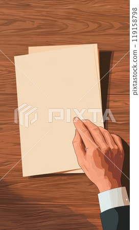 Hand Covering Wooden Table with Paper, Top View, Icon Illustration Generative AI 119158798
