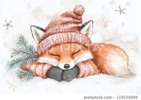 Cute Fox in Winter Hat and Scarf Laying with Socks, Whimsical Watercolor Illustration for Winter Fashion or Animal Lover Generative AI 119158809