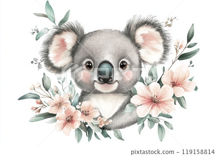 Cute Koala Head in Pastel Color Palette with Flowers, Whimsical Illustration for Greeting Cards or Wall Art Generative AI 119158814
