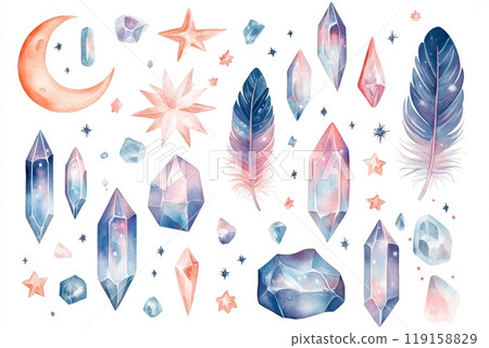 Whimsical Magical Elements Design for T-Shirt, Featuring Crystals, Stars, Feather, and Moon in Scandinavian Art Style, Perfect for Fashion and Apparel Generative AI 119158829
