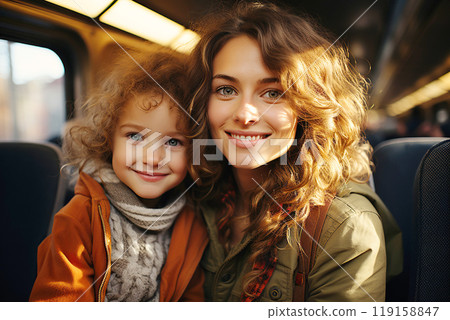 Smiling young mother and her child on bus with passengers 119158847