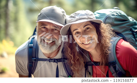 Middle aged couple walking on forest path with backpacks in summer 119158877
