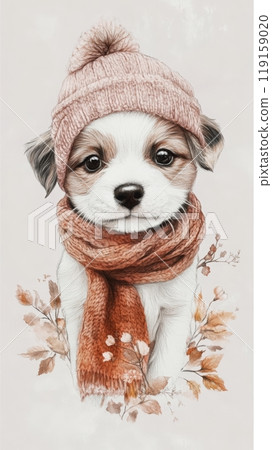 Adorable Puppy Wearing Beanie and Scarf, Digital Illustration for Pet Lovers and Winter Season Generative AI 119159020