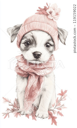 Cute Puppy in Acrobatics Pose Wearing Beanie and Scarf, Digital Illustration for Pet Lovers and Animal Enthusiasts Generative AI 119159022