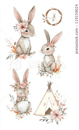 Whimsical Bohemian Bunny Relaxing in a Teepee Generative AI 119159024