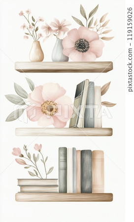 Whimsical Bookshelves with Floral Decor for Home Library or Office Generative AI 119159026