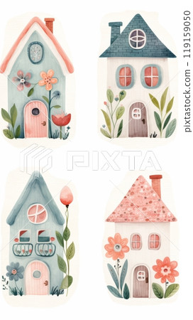Whimsical Spring Cottage Illustration with Florals Generative AI 119159050