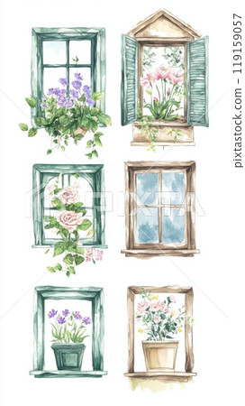 Whimsical Floral Windows Illustration for Home Decor or Gift Design Generative AI 119159057