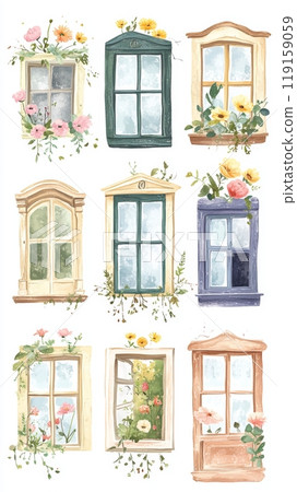 Whimsical Hand-Drawn Textured Illustration of a Vintage Window with Floral Topping for Home Decor or Gift Ideas Generative AI 119159059