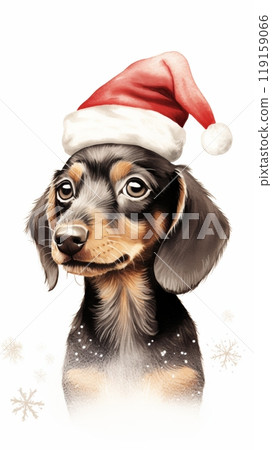Cute Hand Drawn Textured Illustration of a Dachshund in a Santa Hat with Christmas Lights Generative AI 119159066