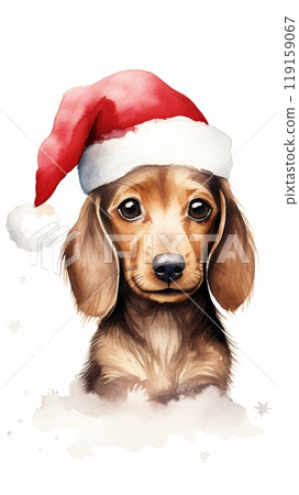 Hand Drawn Illustration of a Dachshund in a Santa Hat with Christmas Lights Generative AI 119159067
