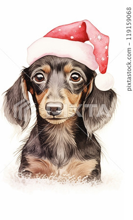Hand Drawn Illustration of a Dachshund in a Santa Hat with Christmas Lights Generative AI 119159068