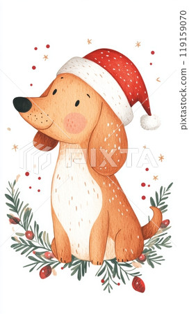 Hand Drawn Illustration of a Dachshund in a Santa Hat with Christmas Lights Generative AI 119159070