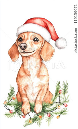 Cute Hand Drawn Textured Illustration of a Dachshund in a Santa Hat with Christmas Lights Generative AI 119159071