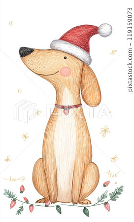 Hand Drawn Illustration of a Dachshund in a Santa Hat with Christmas Lights Generative AI 119159073