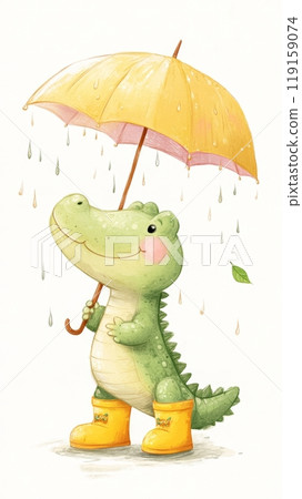 Adorable Baby Crocodile in Yellow Rain Boots and Umbrella, Fun and Playful Illustration for Children's Content Generative AI 119159074