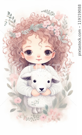Whimsical Girl with Floral Headband and Sheep, Cute Hand Drawn Illustration for Children's Book or Nursery Decor Generative AI 119159088