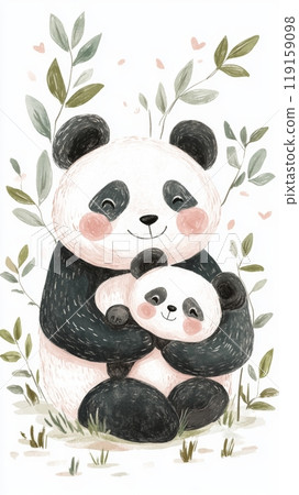 Cute Hand Drawn Textured Illustration of a Mother Panda and Baby Panda, Boho Style, Full Body, Perfect for Family and Parenting Themes Generative AI 119159098