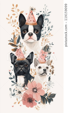 Whimsical Cats and Dogs Wearing Party Hats for Celebration and Party Invitations Generative AI 119159099