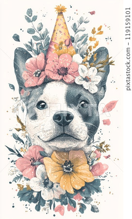 Whimsical Cats and Dogs Wearing Party Hats, Floral Background, Fun Celebration Concept Generative AI 119159101