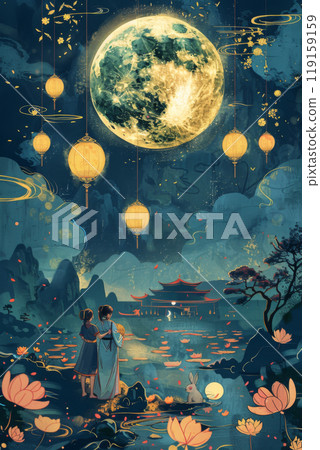 Mid autumn festival Full moon night scene with silhouettes of people and bunny 119159159