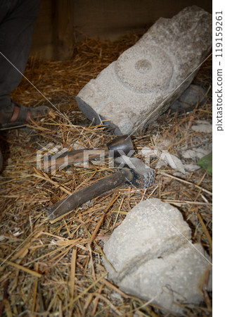 Mason tools at a medieval festival in Portugal for working with stone. Concept for reconstructing historical crafts. Mason tools at a medieval festival in Portugal for working with stone. Concept for reconstructing historical crafts. 119159261