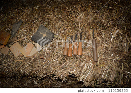 Mason tools at a medieval festival in Portugal for working with stone. Concept for reconstructing historical crafts. Mason tools at a medieval festival in Portugal for working with stone. Concept for reconstructing historical crafts. 119159263