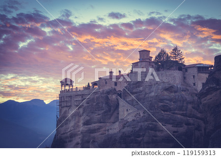 Sunset over Varlaam monastery in Meteora, Greece 119159313