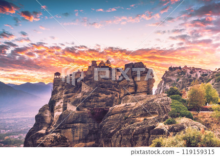 Sunset over Varlaam monastery in Meteora, Greece 119159315
