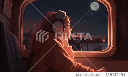 Cute teenage girl in big headphones sits by the train window, listens to music 119159494