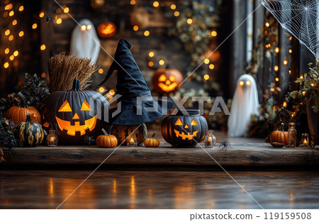 A wooden blank board mockup with halloween decorations like witch hat, broom and cauldron 119159508