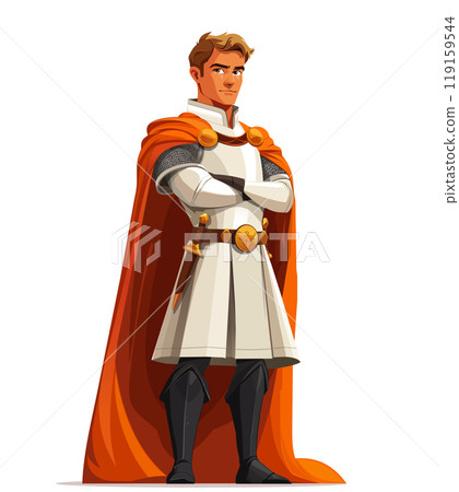 A confident cartoon knight in white armor and an orange cape stands with arms crossed 119159544