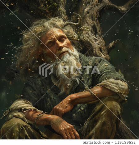 A serene image of an elderly man with a long beard, resting peacefully against an ancient tree 119159652