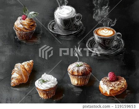 Modern illustration of cafeteria menu items, cappuccino, espresso, croissant, muffin and donuts 119159653