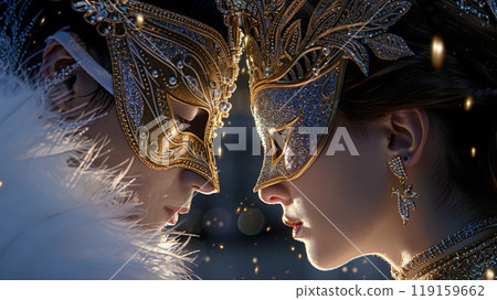 Close-up of two people wearing ornate masquerade masks in gold and blue gazing into each others eyes 119159662