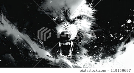 Evil white wolf showing teeth, horror, graphic novel aesthetics, dark minimalist comic book style 119159697