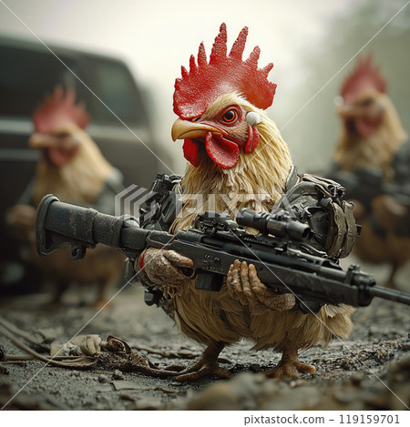 A humorous and surreal image featuring a chicken dressed in military gear, holding a rifle 119159701