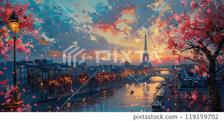 A breathtaking sunset over Paris with the Eiffel Tower illuminated in the background 119159702