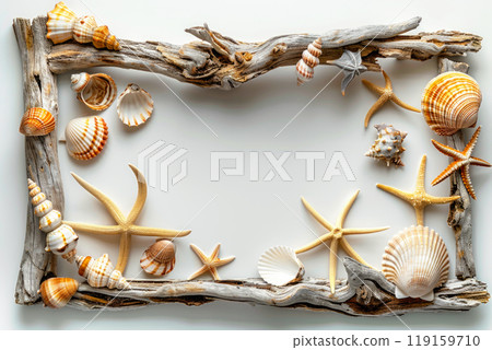 Wooden frame mockup made of driftwood with shells on white background Wooden frame mockup made of driftwood with shells on white background 119159710