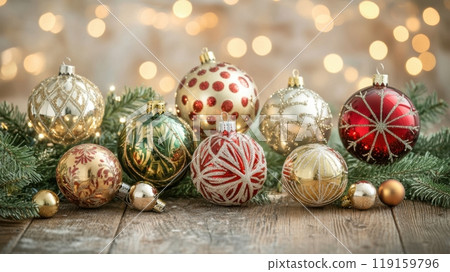 Intricate glass baubles, stars, and bells in classic Christmas colors surrounded by pine branches and fairy lights on a wooden table for a cozy festive feel. Christmas, toys 119159796