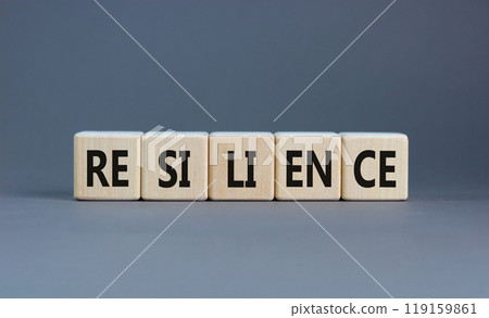 Resilience symbol. Concept word Resilience on beautiful wooden blocks. Beautiful grey background. Business resilience concept. Copy space. 119159861