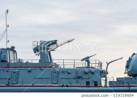 naval military background, concept, fragment of a modern warship with a rocket turret 119159984