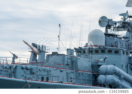 naval military background, concept, fragment of a modern warship with missile weapons 119159985