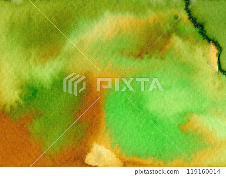 Abstract watercolor background with a vibrant blend of green, yellow, and brown hues, creating a fluid and organic texture 119160014