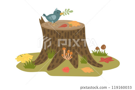 A charming bird perched on a tree stump surrounded by mushrooms and autumn leaves. Perfect for nature, woodland, or fall-themed illustrations 119160033
