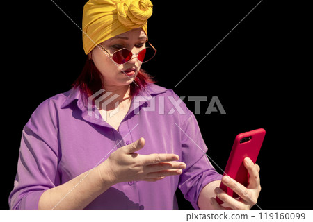 Happy adult asian with extravagant style with phone Happy adult asian with extravagant style with phone 119160099
