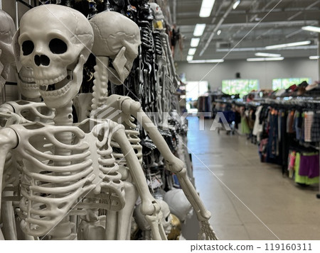 skeletons in a store aisle, with clothing racks and merchandise in the background 119160311