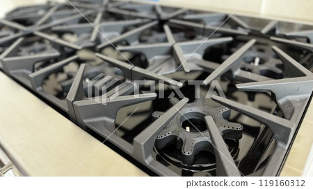 a gas stove's black, cast iron burners with sharp, angular design elements 119160312